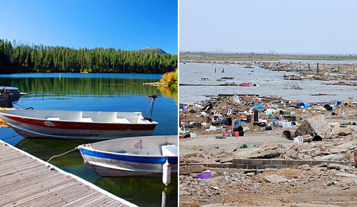 Comparing two photos: one of a serene lake versus another of a trash-lined shore.
