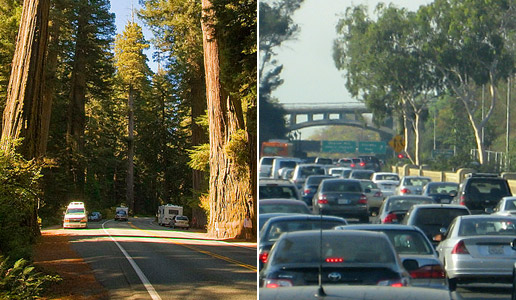 Comparing two photos: one of a road through a forest with few vehicles versus another of a traffic jam in a city.