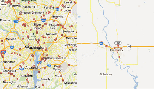 Comparing two illustrations: one depicting dense clusters of hospitals around the Washington, D.C. metro area versus another illustrating a much less dense cluster in Bismark, ND.