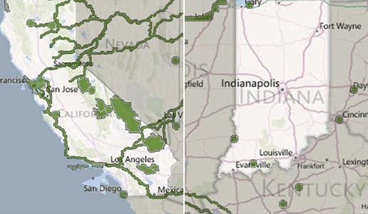 Comparing two illustrations: one depicting a large amount of green space and parks in California versus another depicting a sparse amount in Indiana.