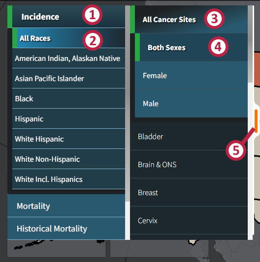 an image of the cancer atlas application data selection controls