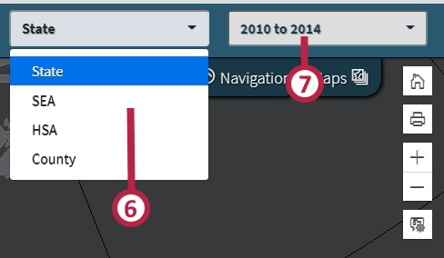 an image of the cancer atlas application geography and year selection controls