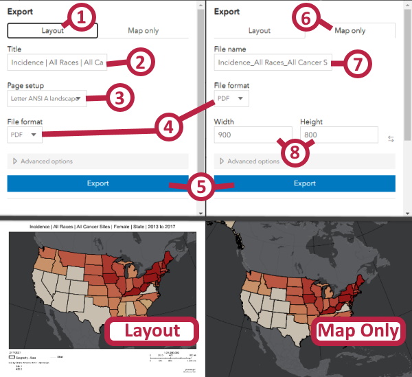 an image of the cancer atlas application indicating print map controls